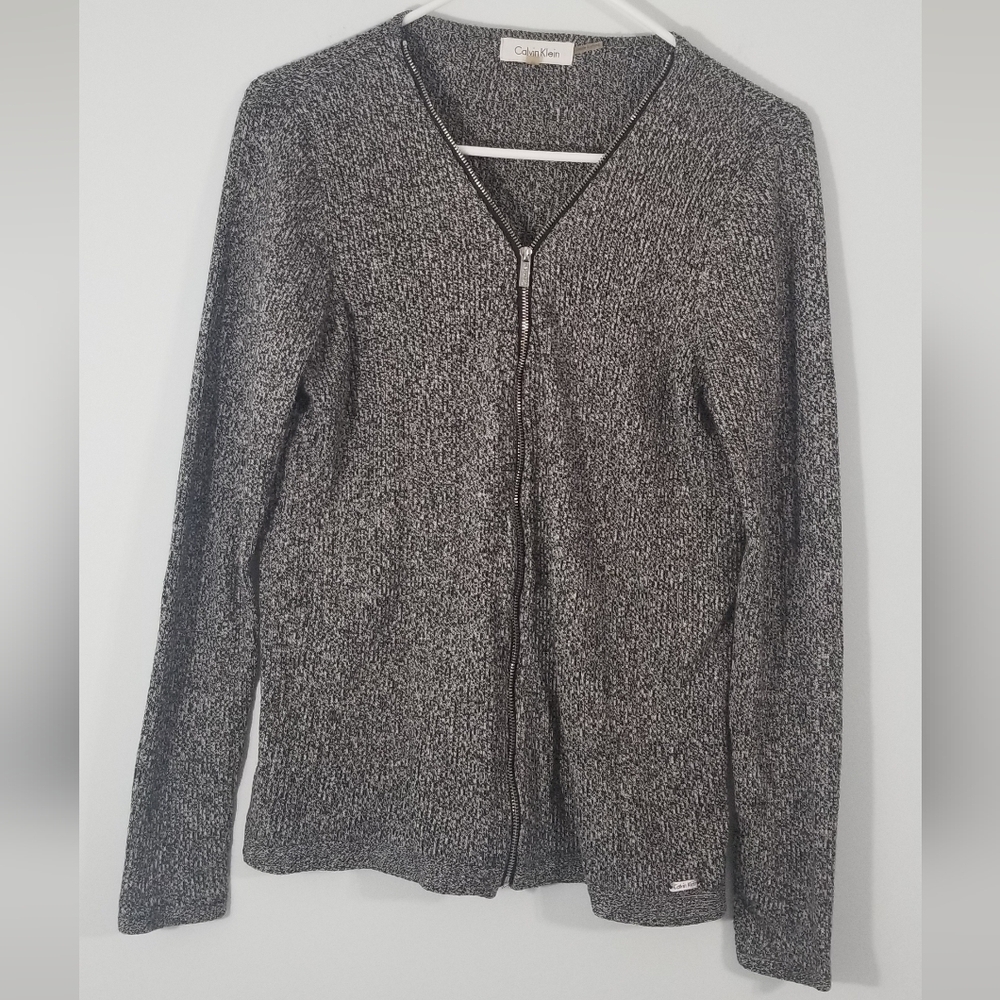 Calvin Klein Full Zip Marled Knit Black and White Speckled Cardigan Size Medium.